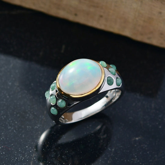 AA Natürlicher, äthiopischer Welo Opal, Smaragd Ring 925 Silber rhodiniert (Größe 19.00) ca. 2,89 ct
