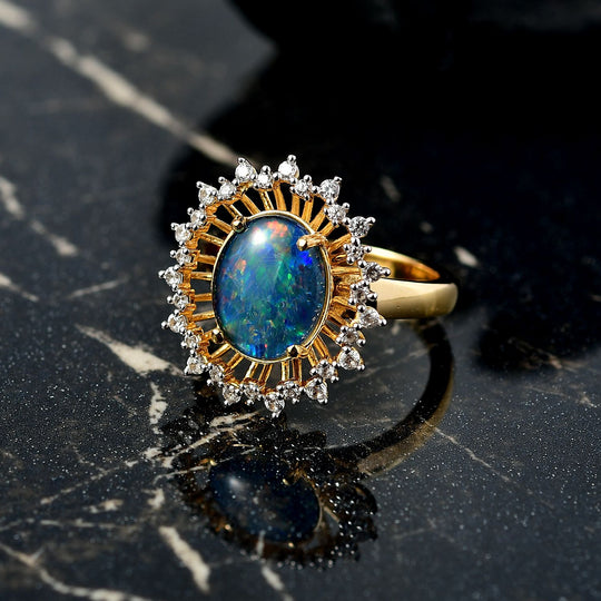 Djoy Boulder Opal Triplette, Weißer Zirkon Ring 925 Silber 750 Gelbgold Vermeil (Größe 19.00) ca. 2.61 ct