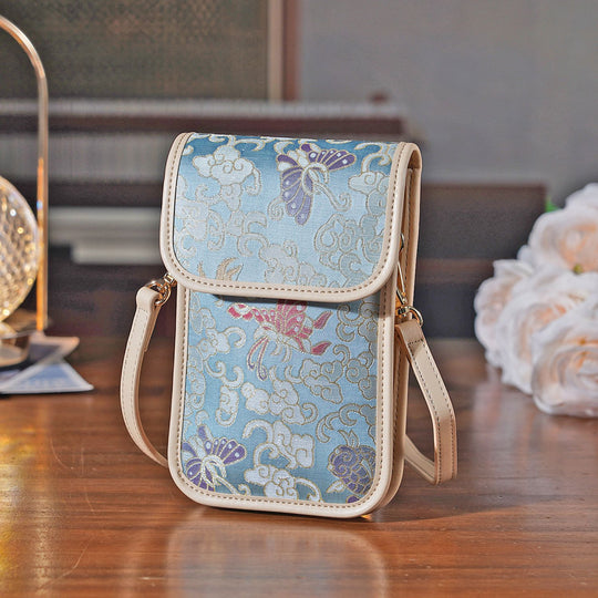 LA MAREY Signature Brokat Echtleder Handytasche, Kartenfach und 2 Innenfächer, 12 x 19 x 3 cm, Pink