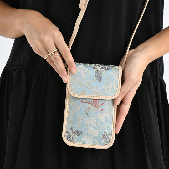 LA MAREY Signature Brokat Echtleder Handytasche, Kartenfach und 2 Innenfächer, 12 x 19 x 3 cm, Pink