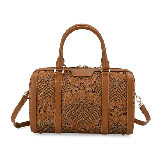 LA MAREY Signature - Seiden-Brokat Tasche mit Leder, 30x18x15 cm, Gelb