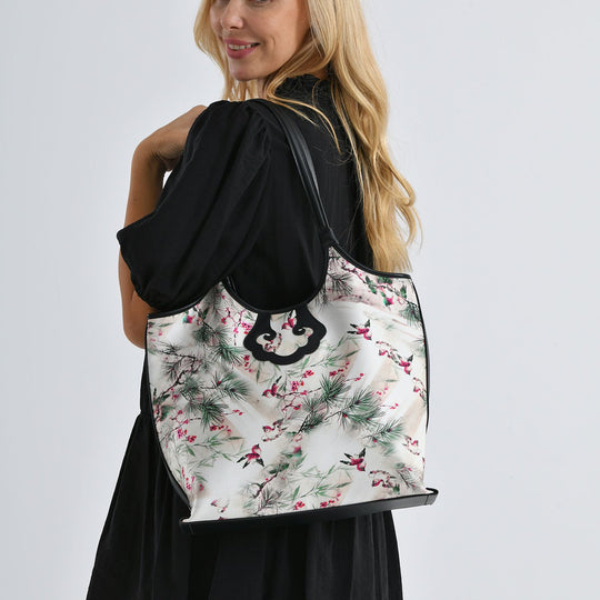 LA MAREY Signature Brokat Echtleder Schultertasche, 1 Außenfach und 2 Innenfächer, 34 x 35 x 11.5 cm, Weiß mit lila Blumen