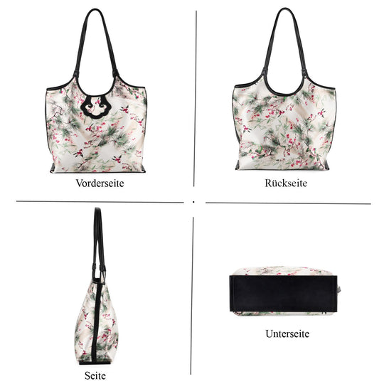 LA MAREY Signature Brokat Echtleder Schultertasche, 1 Außenfach und 2 Innenfächer, 34 x 35 x 11.5 cm, Weiß mit lila Blumen