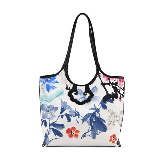 LA MAREY Signature Brokat Echtleder Schultertasche, 1 Außenfach und 2 Innenfächer, 34 x 35 x 11.5 cm, Weiß mit lila Blumen
