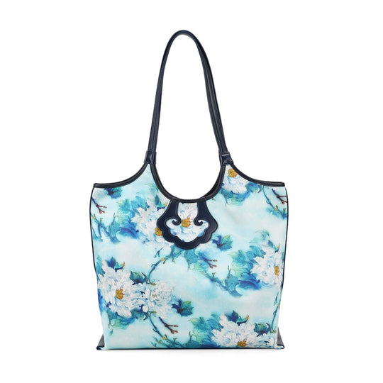 LA MAREY Signature Brokat Echtleder Schultertasche, 1 Außenfach und 2 Innenfächer, 34 x 35 x 11.5 cm, Weiß mit lila Blumen