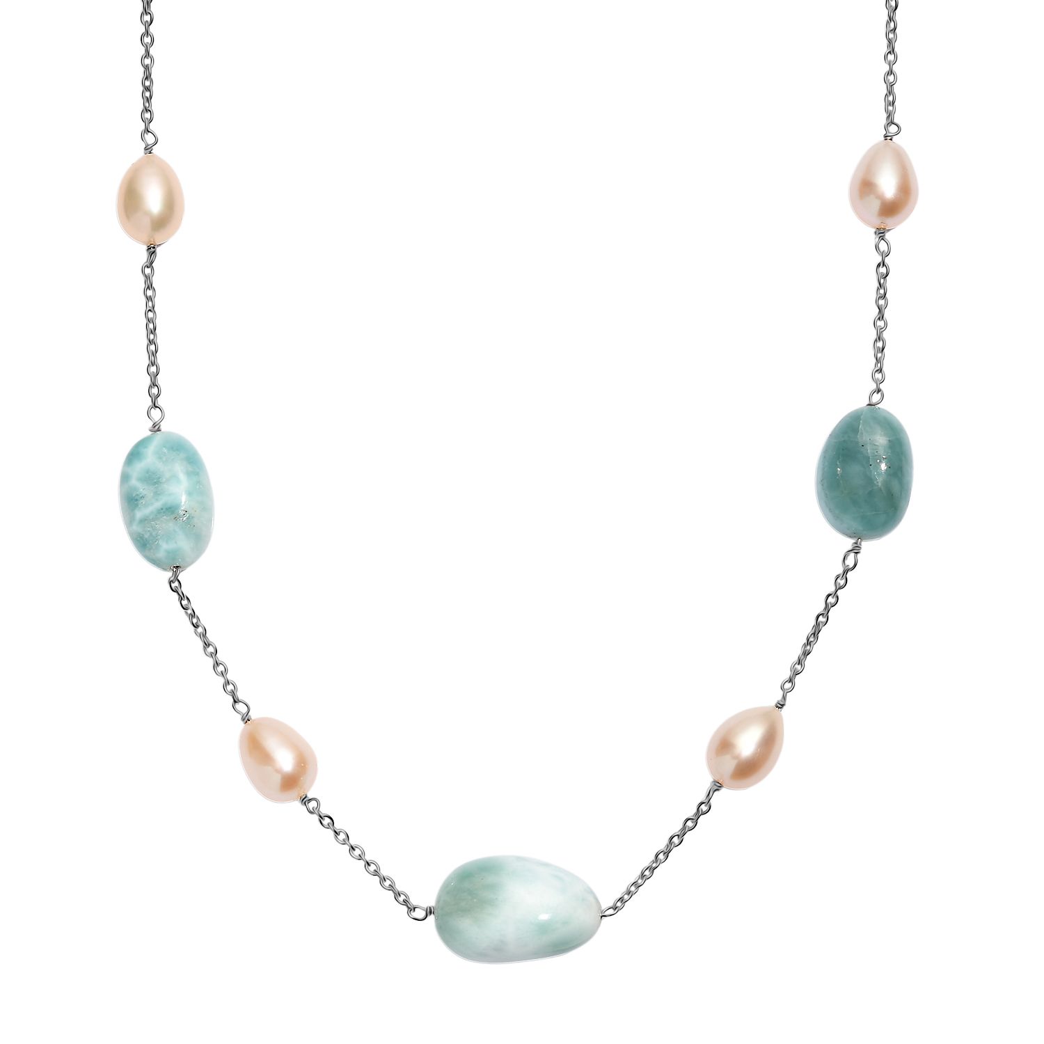 Larimar, Süßwasser Perle Halskette ca. 50 cm 925 Silber rhodiniert