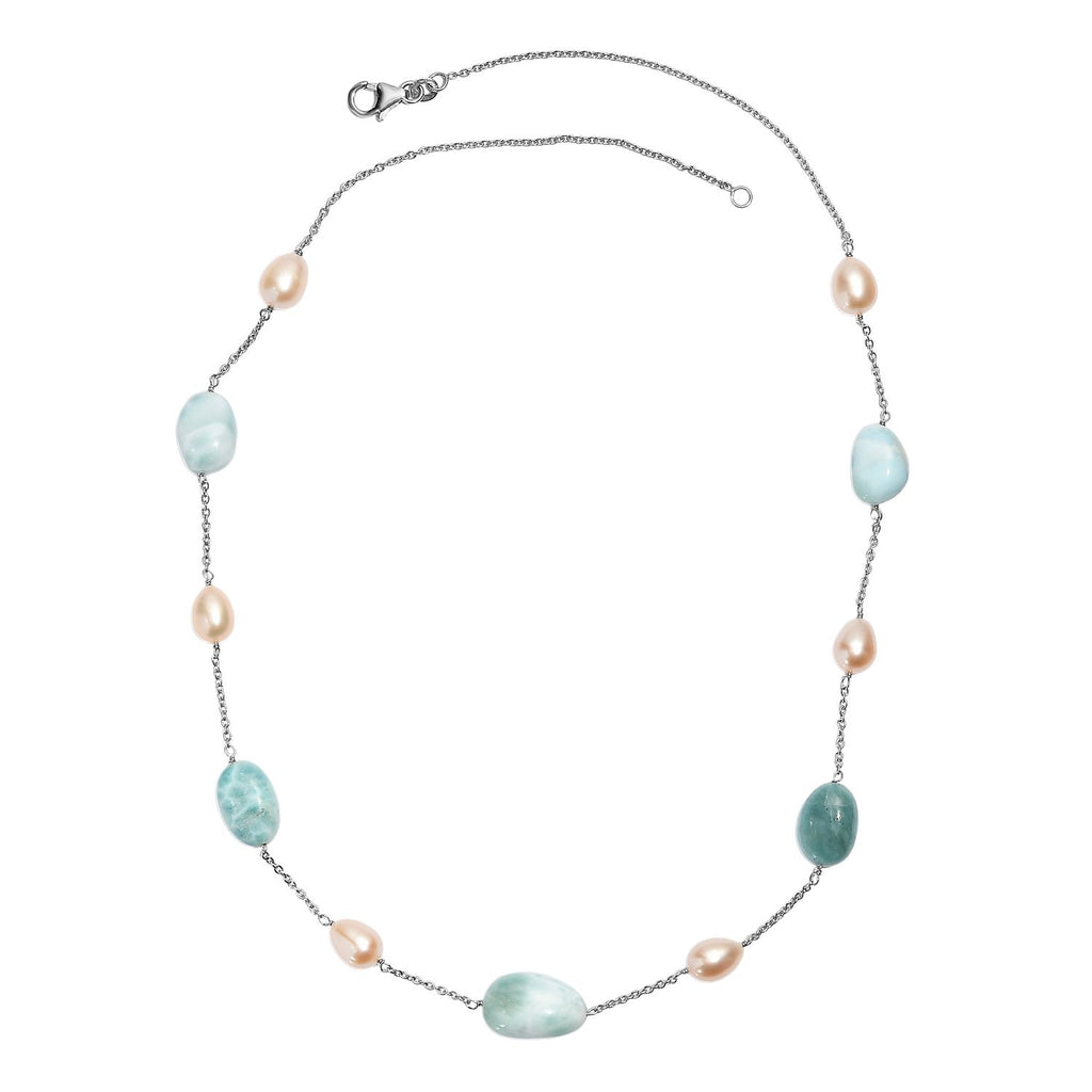 Larimar, Süßwasser Perle Halskette ca. 50 cm 925 Silber rhodiniert