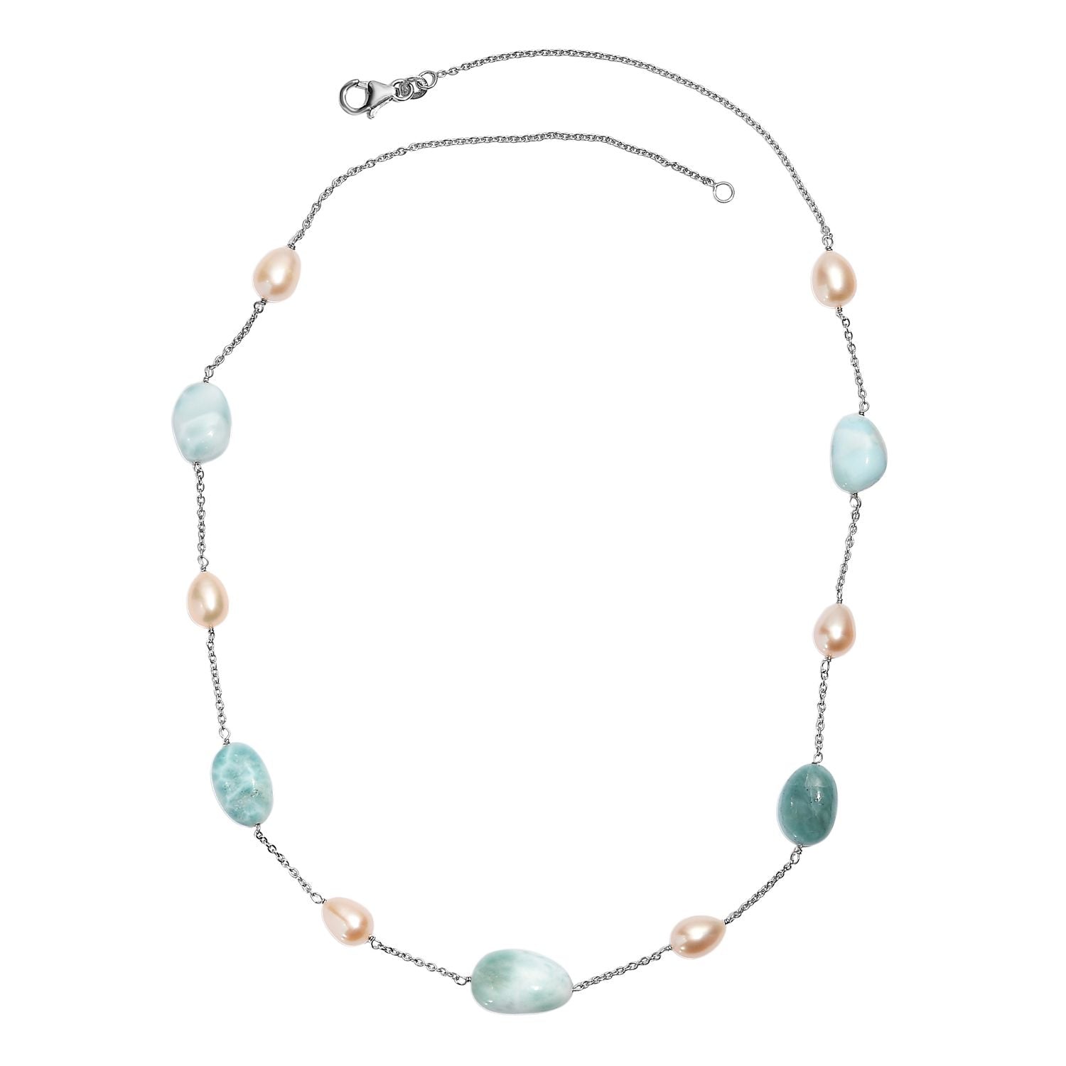 Larimar, Süßwasser Perle Halskette ca. 50 cm 925 Silber rhodiniert