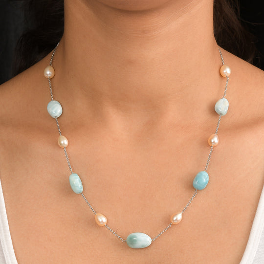 Larimar und Süßwasserperle Halskette, 50cm, 925 Silber rhodiniert