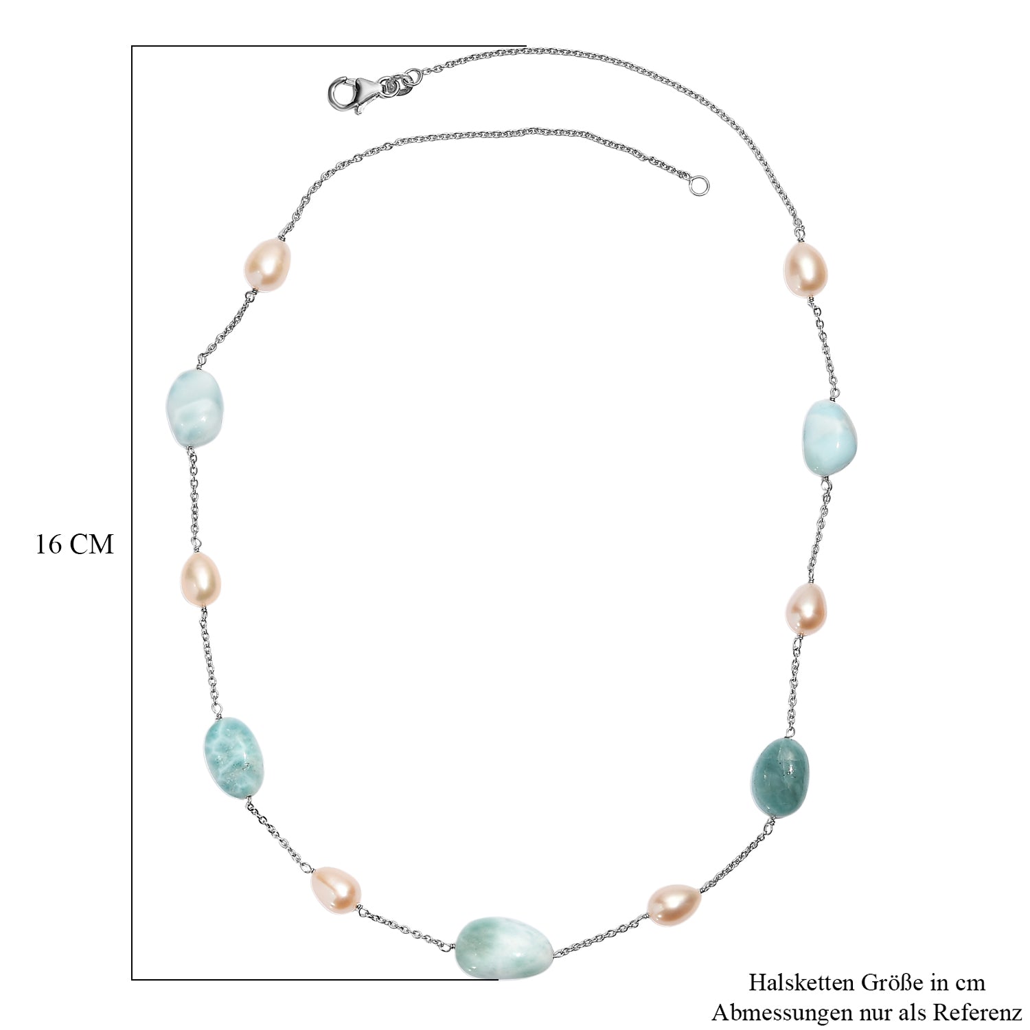 Larimar, Süßwasser Perle Halskette ca. 50 cm 925 Silber rhodiniert