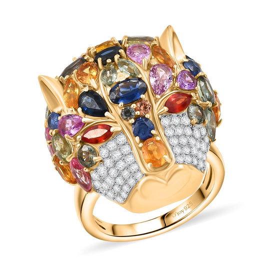 D'Joy Mehrfarbiger Saphir, Moissanit Ring 925 Silber 750 Gelbgold Vermeil (Größe 20.00) ca. 9.92 ct
