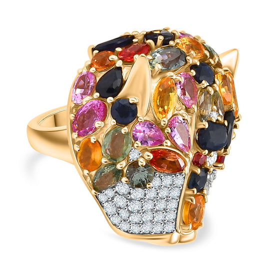 D'Joy Mehrfarbiger Saphir, Moissanit Ring 925 Silber 750 Gelbgold Vermeil (Größe 20.00) ca. 9.92 ct