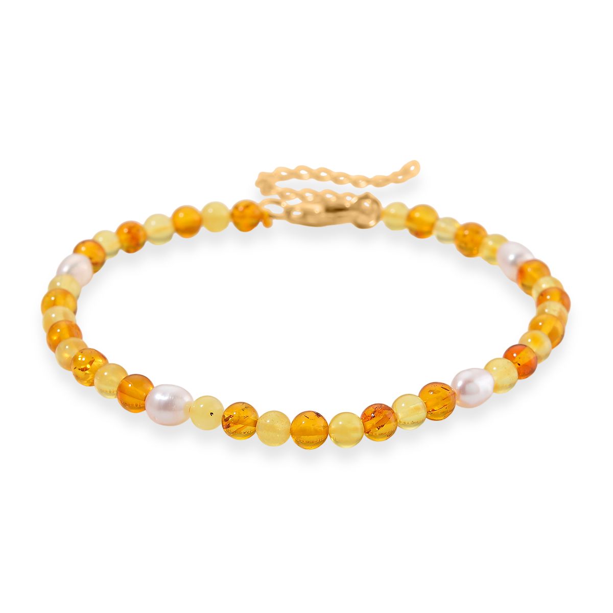 Weiße Süßwasser Perle (5-7 mm), Bernstein Armband, Flexibles ca. 19 cm + 5 cm Extender, 925 Silber vergoldet