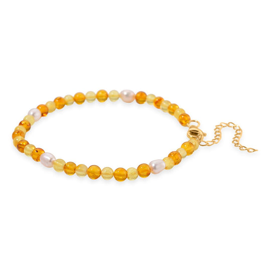 Weiße Süßwasser Perle (5-7 mm), Bernstein Armband, Flexibles ca. 19 cm + 5 cm Extender, 925 Silber vergoldet