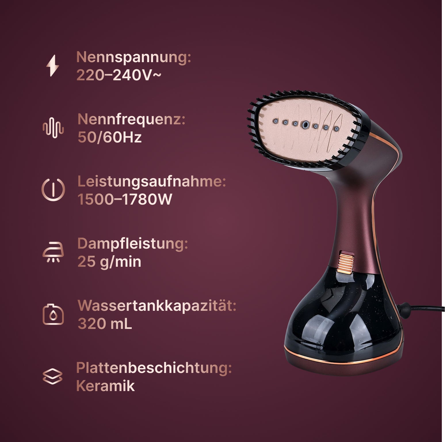 LIVMORE - Tragbarer Handdampfglätter, 1780 Watt, Keramikdampfsohle, 320 ml Wassertank, 3 Dampfstufen