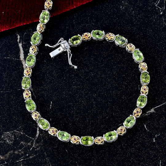 D'joy Natürlicher Peridot, Natürlicher Rhodolith Granat Armband ca. 20 cm 925 Silber Rhodiniert und 750 Gelbgold Vermeil ca. 8.62 ct