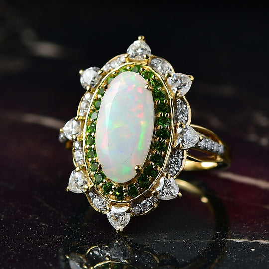D'Joy AA Natürlicher, äthiopischer Welo Opal, Moissanit und Natürlicher Chromdiopsid Ring 925 Silber 750 Gelbgold Vermeil (Größe 17.00) ca. 3.29 ct