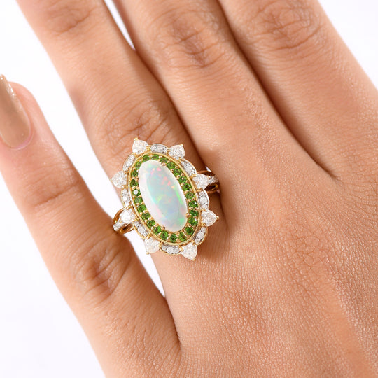 D'Joy AA Natürlicher, äthiopischer Welo Opal, Moissanit und Natürlicher Chromdiopsid Ring 925 Silber 750 Gelbgold Vermeil (Größe 17.00) ca. 3.29 ct