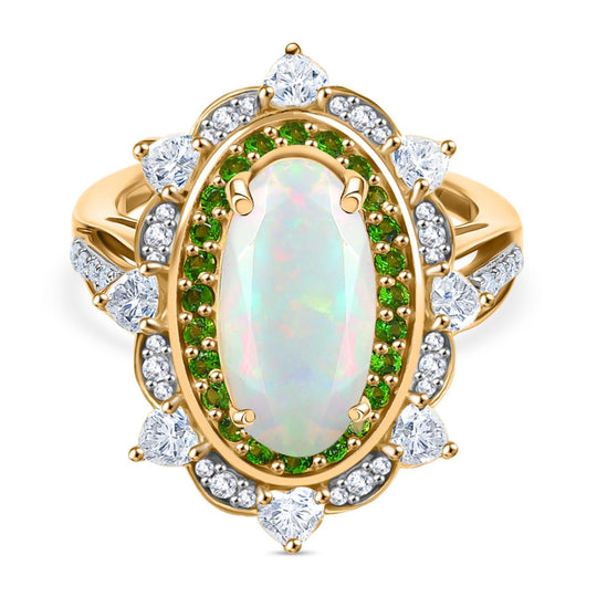 D'Joy AA Natürlicher, äthiopischer Welo Opal, Moissanit und Natürlicher Chromdiopsid Ring 925 Silber 750 Gelbgold Vermeil (Größe 17.00) ca. 3.29 ct