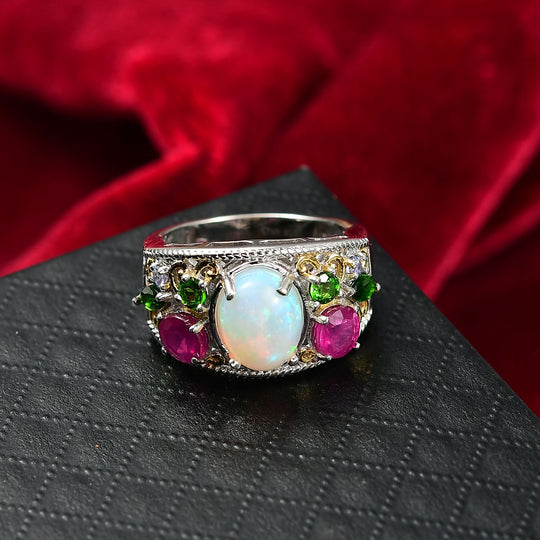 D'Joy AA Natürlicher, äthiopischer Welo Opal, Afrikanischer Rubin (Fissure gefüllt) Ring 925 Silber Rhodiniert und 750 Gelbgold Vermeil (Größe 19.00) ca. 3,87 ct