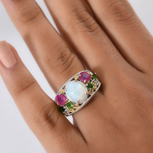 D'Joy AA Natürlicher, äthiopischer Welo Opal, Afrikanischer Rubin (Fissure gefüllt) Ring 925 Silber Rhodiniert und 750 Gelbgold Vermeil (Größe 19.00) ca. 3,87 ct