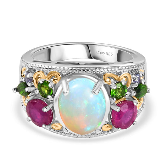 D'Joy AA Natürlicher, äthiopischer Welo Opal, Afrikanischer Rubin (Fissure gefüllt) Ring 925 Silber Rhodiniert und 750 Gelbgold Vermeil (Größe 19.00) ca. 3,87 ct