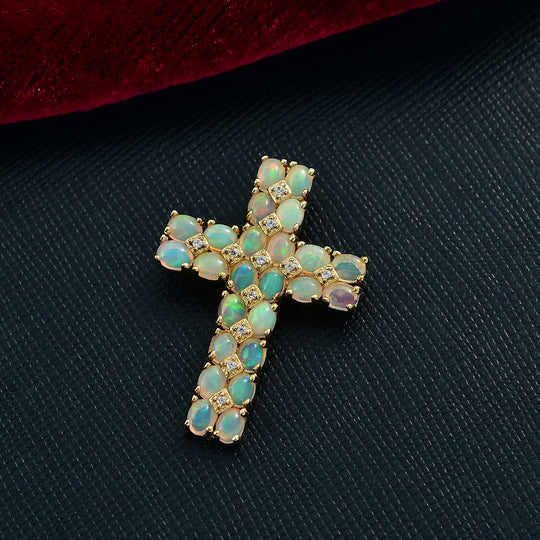 D'Joy AA Natürlicher, äthiopischer Welo Opal, Weißer Zirkon Anhänger 925 Silber 750 Gelb Vergoldet ca. 2,88 ct.