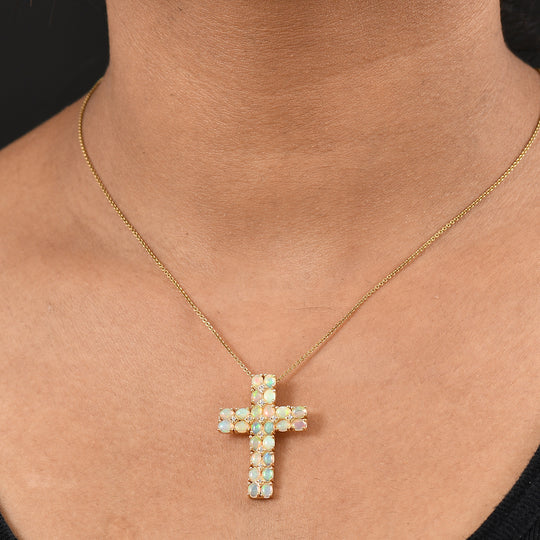 D'Joy AA Natürlicher, äthiopischer Welo Opal, Weißer Zirkon Anhänger 925 Silber 750 Gelb Vergoldet ca. 2,88 ct.