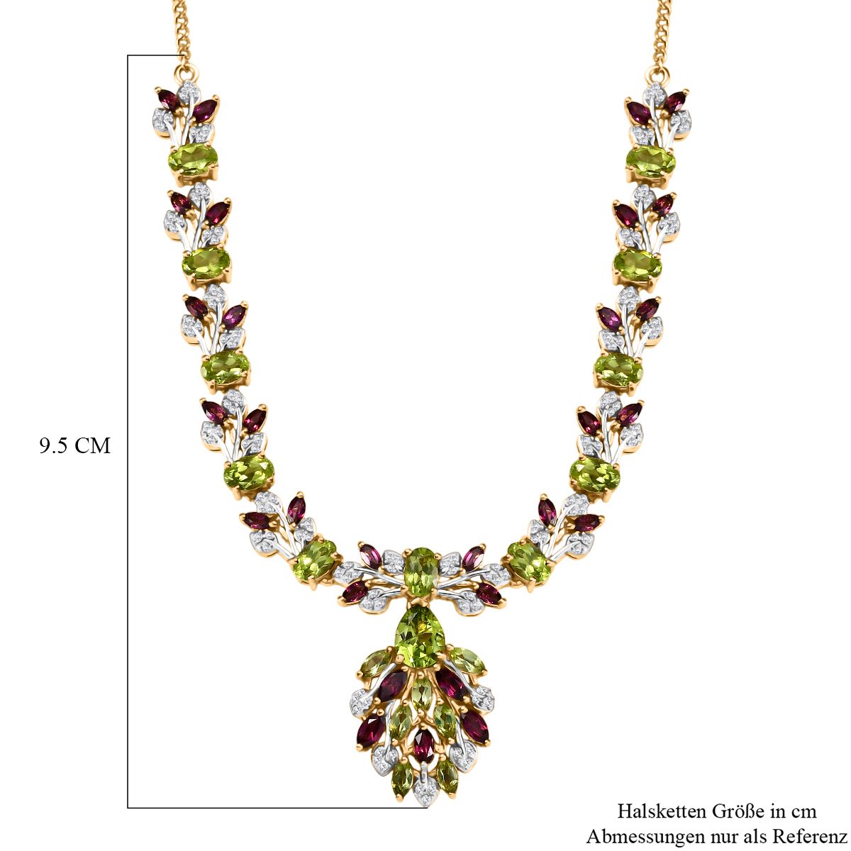 D'joy Natürlicher Peridot Halskette ca. 45 cm 925 Silber Rhodiniert und 750 Gelbgold Vermeil ca. 12.80 ct