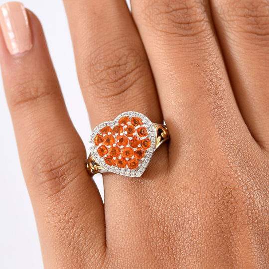 D'Joy AA Salamanca Feueropal, Weißer Zirkon Ring 925 Silber Rhodiniert und 750 Gelbgold Vermeil (Größe 18.00) ca. 1,22 ct