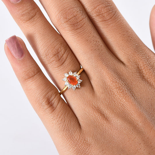 D'Joy AAA Blaze Feueropal, Weißer Zirkon Ring 925 Silber 750 Gelb Vergoldet ca. 0,83 ct