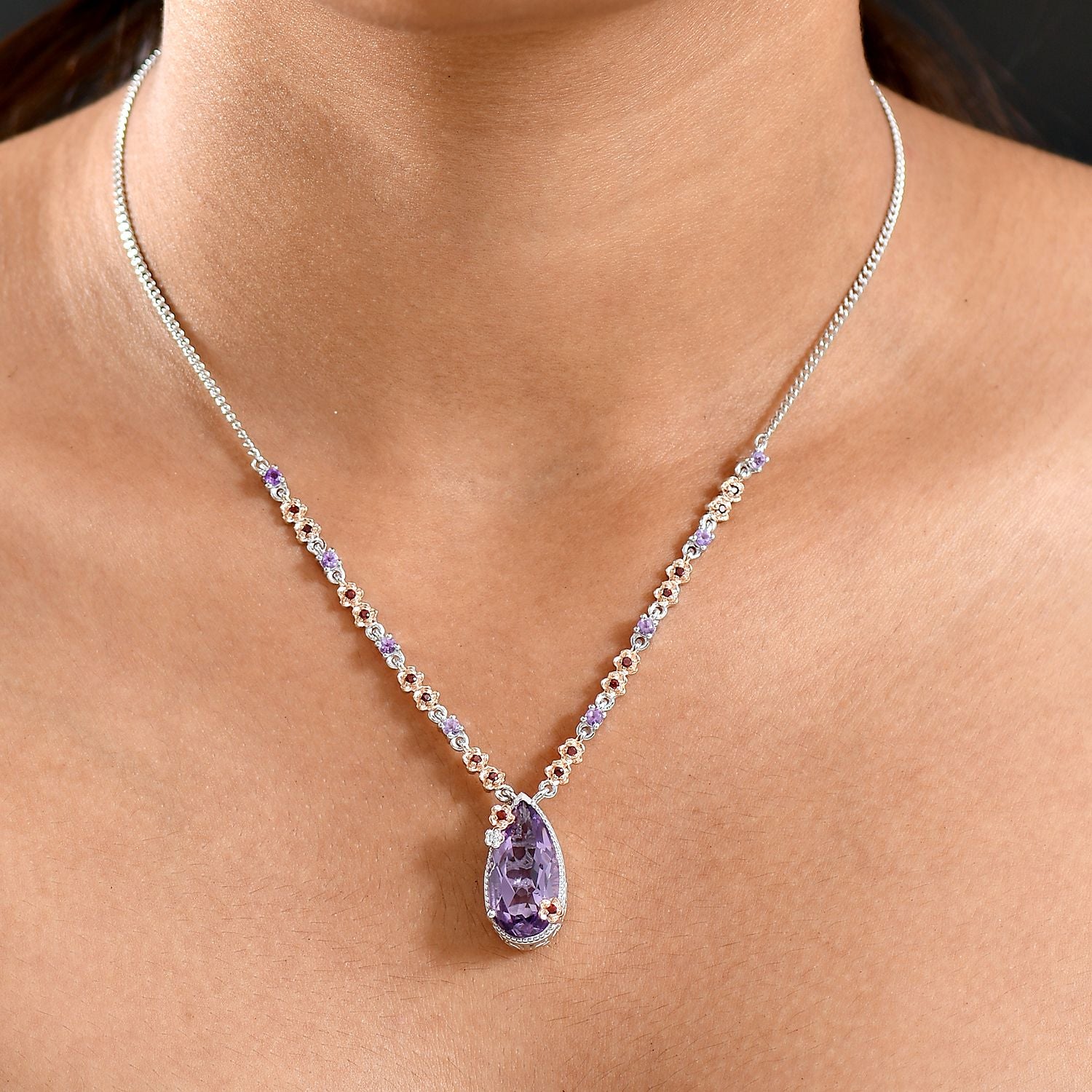 D'Joy AAA Rose De France Amethyst Halskette ca. 45 cm 925 Silber ca. 8.96 ct