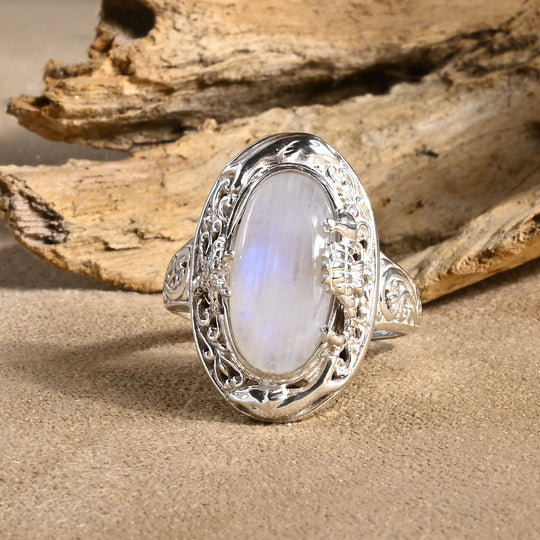 Royal Bali - Premium Regenbogen Mondstein Ring 925 Silber (Größe 18.00) ca. 7.91 ct