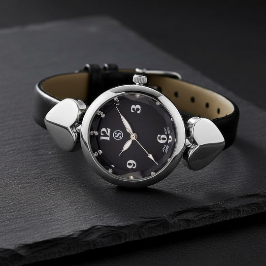 STRADA Uhr mit PC21S Japan-Uhrwerk, graues Zifferblatt, scwharzes Armband mit silberfarbenen Herz-Details