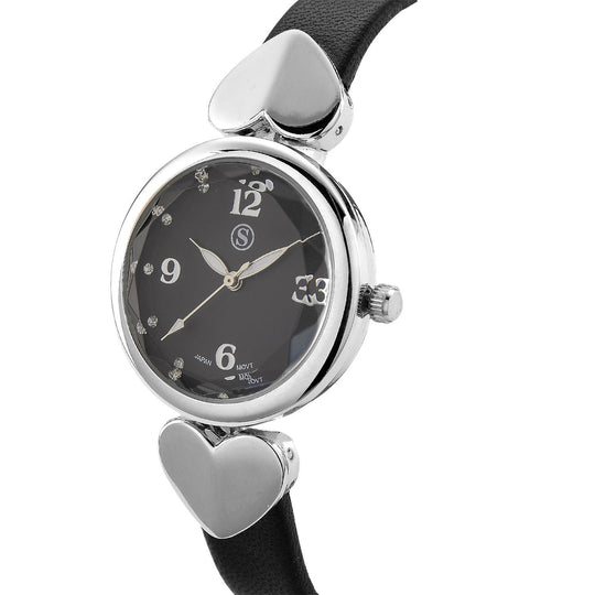 STRADA Uhr mit PC21S Japan-Uhrwerk, graues Zifferblatt, scwharzes Armband mit silberfarbenen Herz-Details