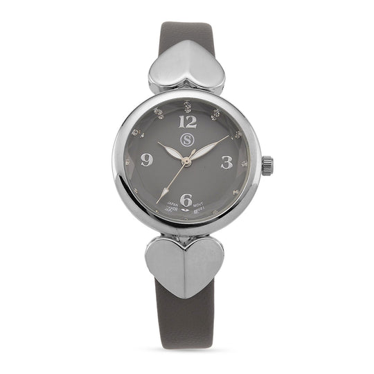 STRADA Uhr mit PC21S Japan-Uhrwerk, graues Zifferblatt, scwharzes Armband mit silberfarbenen Herz-Details