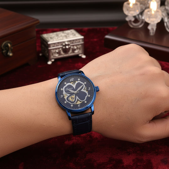 GENOA TIME V2 Automatikuhr mit Automatikwerk, Zifferblatt mit Blumenmuster und Moissaniten, schwarzes Lederarmband, 36 mm