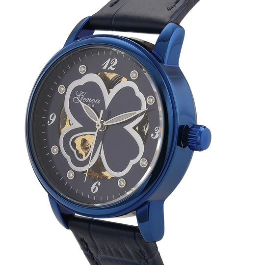 GENOA TIME V2 Automatikuhr mit Automatikwerk, Zifferblatt mit Blumenmuster und Moissaniten, schwarzes Lederarmband, 36 mm