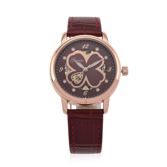 GENOA TIME V2 Automatikuhr mit Automatikwerk, Zifferblatt mit Blumenmuster und Moissaniten, schwarzes Lederarmband, 36 mm