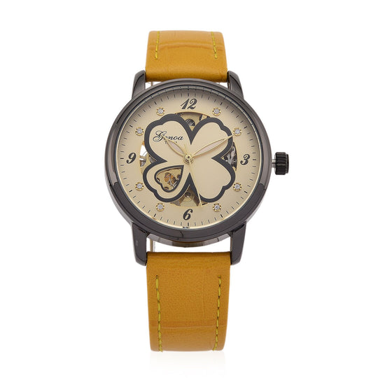 GENOA TIME V2 Automatikuhr mit Automatikwerk, Zifferblatt mit Blumenmuster und Moissaniten, schwarzes Lederarmband, 36 mm
