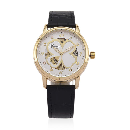 GENOA TIME V2 Automatikuhr mit Automatikwerk, Zifferblatt mit Blumenmuster und Moissaniten, schwarzes Lederarmband, 36 mm