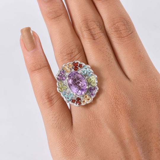 D'Joy AAA Rose De France Amethyst, Mosambik Granat Ring 925 Silber rhodiniert (Größe 19.00) ca. 8.06 ct