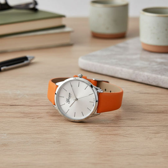 GENOA TIME V2 - Quarzuhr mit japanischem PC21S Werk, weißem Zifferblatt und orangem Lederarmband, Edelstahl Gehäuse, 3 ATM wasserdicht