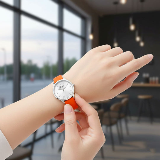 GENOA TIME V2 - Quarzuhr mit japanischem PC21S Werk, weißem Zifferblatt und orangem Lederarmband, Edelstahl Gehäuse, 3 ATM wasserdicht