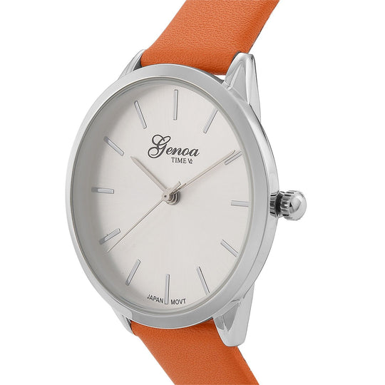 GENOA TIME V2 - Quarzuhr mit japanischem PC21S Werk, weißem Zifferblatt und orangem Lederarmband, Edelstahl Gehäuse, 3 ATM wasserdicht