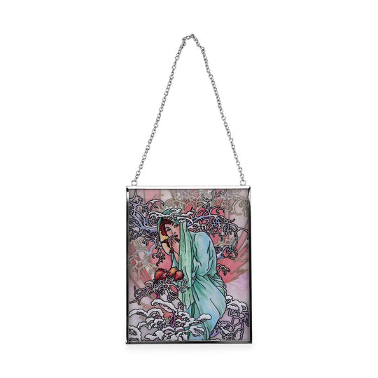 Handbemalter Glas Suncatcher mit Kette, silberfarbenem Rahmen, Alphonse Mucha Motiv Winter, 12x15 cm