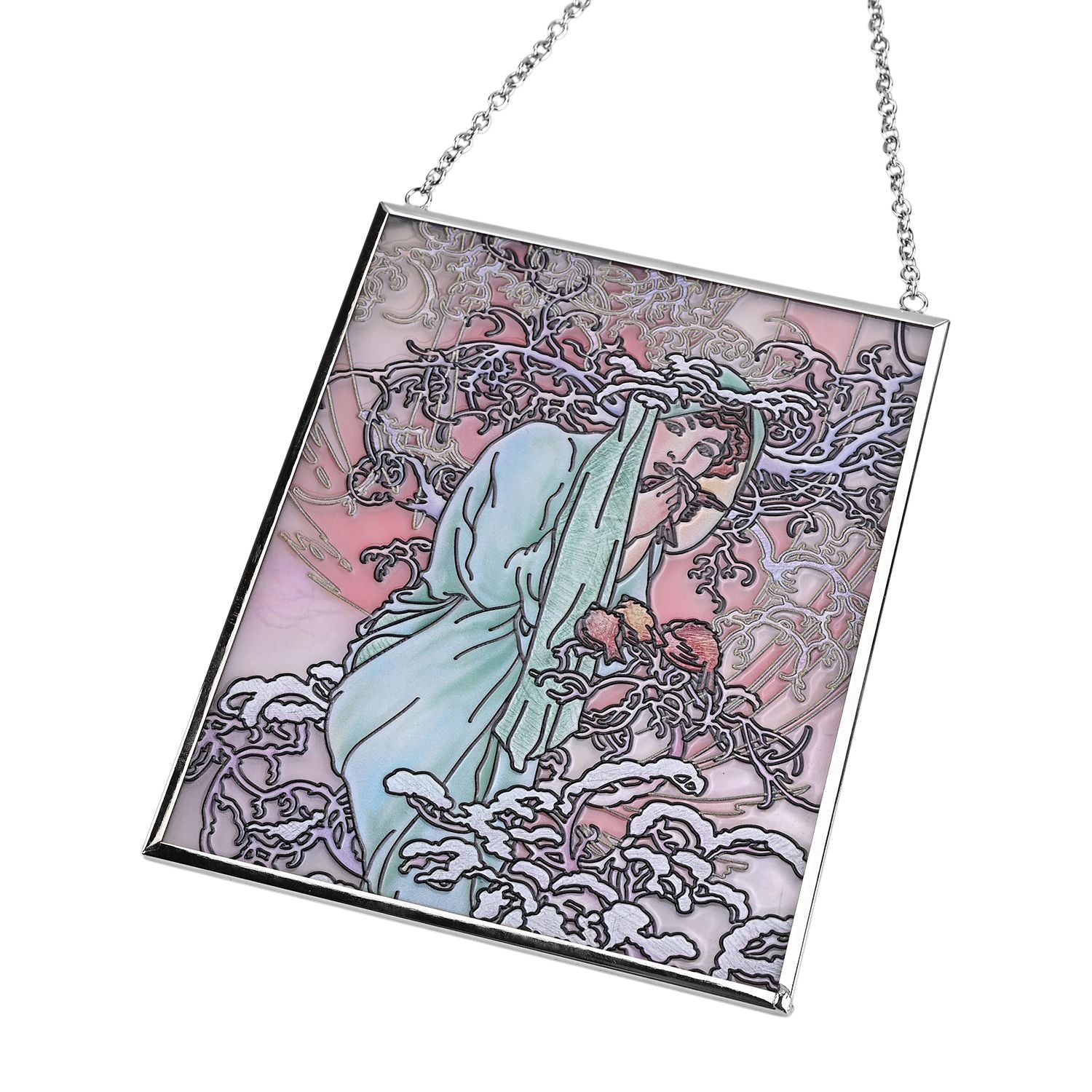Handbemalter Glas Suncatcher mit Kette, silberfarbenem Rahmen, Alphonse Mucha Motiv Winter, 12x15 cm