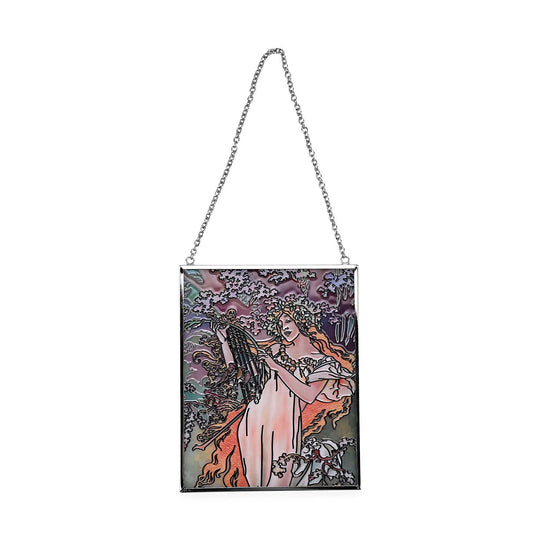 Handbemalter Glas Suncatcaher mit Kette, silberfarbenem Rahmen, Alphonse Mucha Motiv Frühling, 12x15 cm