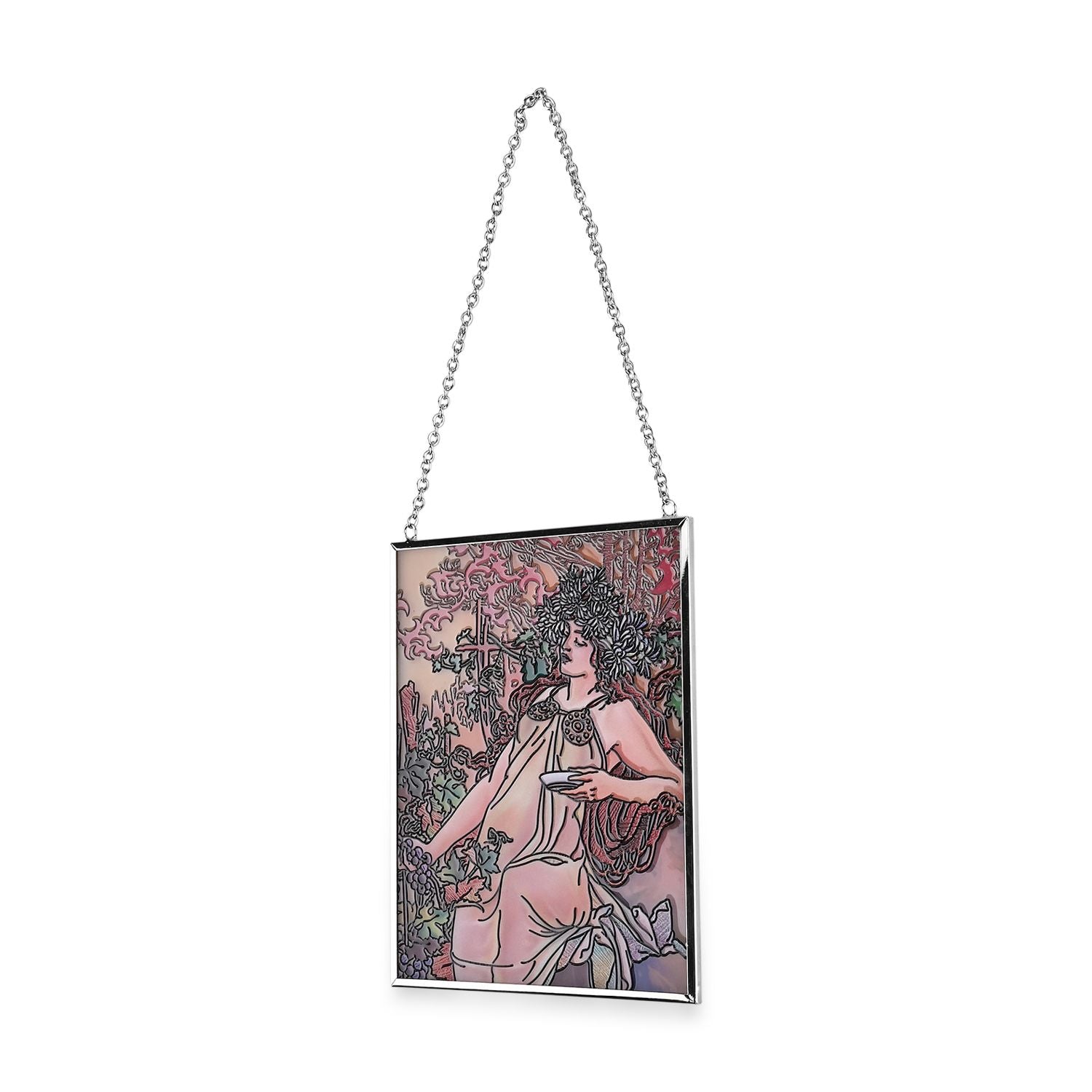 Handbemalter Glas Suncatcher mit Kette, silberfarbenem Rahmen, Alphonse Mucha Motiv Herbst, 12x15 cm