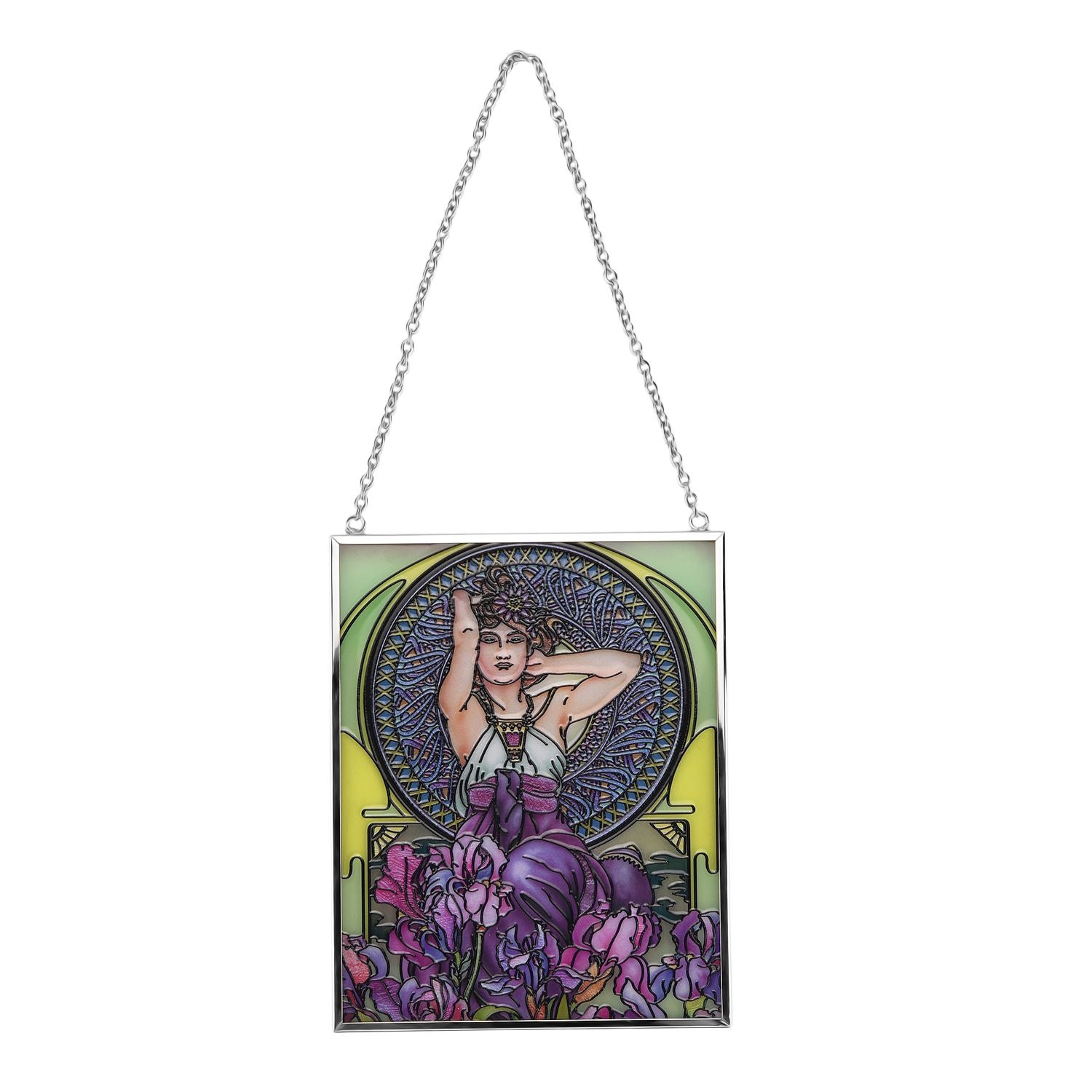 Handbemalter Glas Suncatcher mit Kette, silberfarbenem Rahmen, Alphonse Mucha Motiv Iris, 12x15 cm